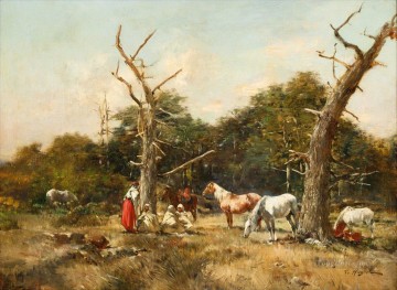 Huguet Oil Painting - La halte des cavalier Victor Huguet Orientalist